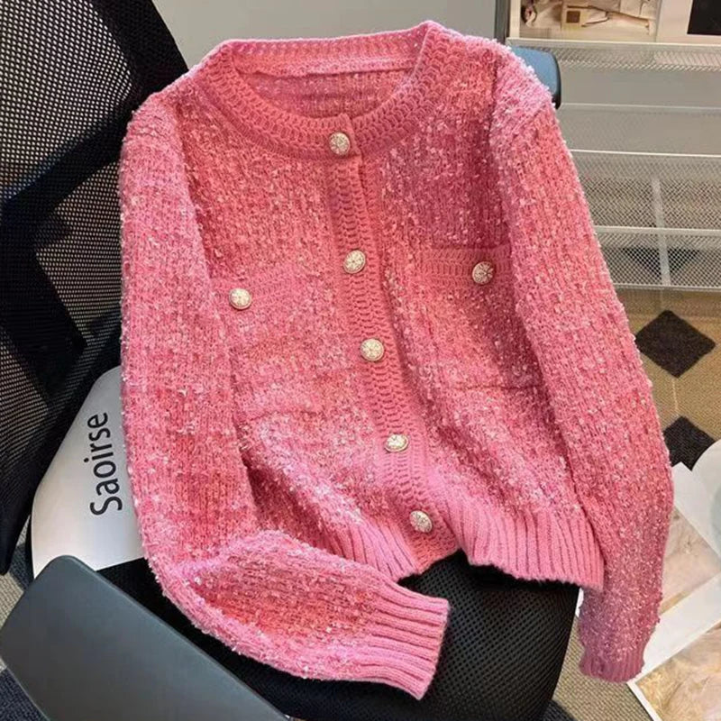 Cárdigan de punto grueso de manga larga para mujer, cuello redondo, un solo botón, Otoño-Invierno 2025, Moda Coreana