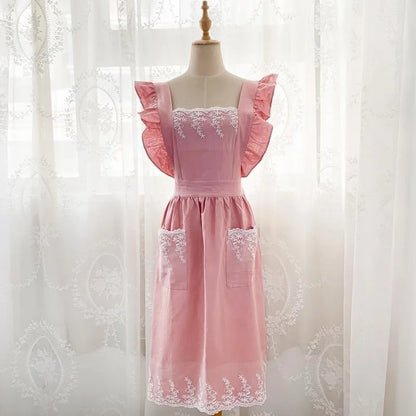Washed Cotton Linen Lace Kitchen Apron