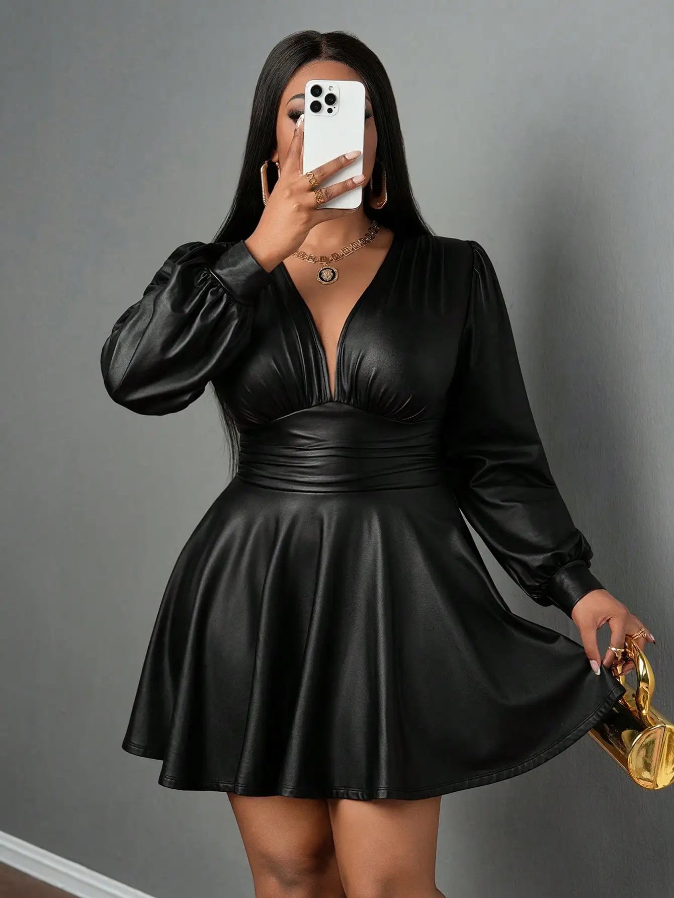 Deep V Neck Lantern Sleeve Waist Cinched A-Line Dress