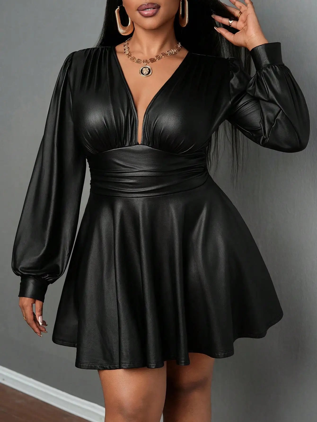 Deep V Neck Lantern Sleeve Waist Cinched A-Line Dress