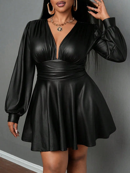 Deep V Neck Lantern Sleeve Waist Cinched A-Line Dress