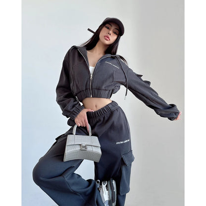 Short Zipper Sweatshirt Large Pocket Wide Leg Pants Set