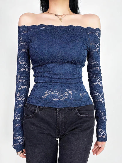 Top de encaje sexy con hombros descubiertos para mujer, elástico, encaje completo, ahuecado, camiseta básica de manga larga, blusa de malla ajustada para mujer, camiseta femenina
