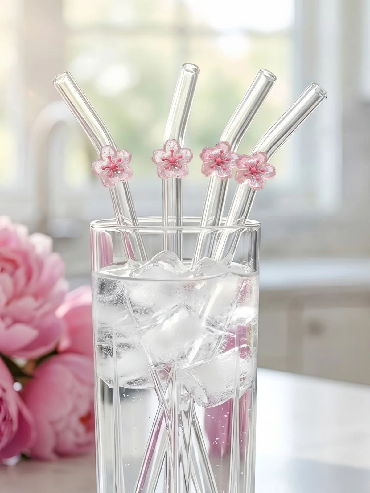 Pink Peach Blossom Curved Glass Straw