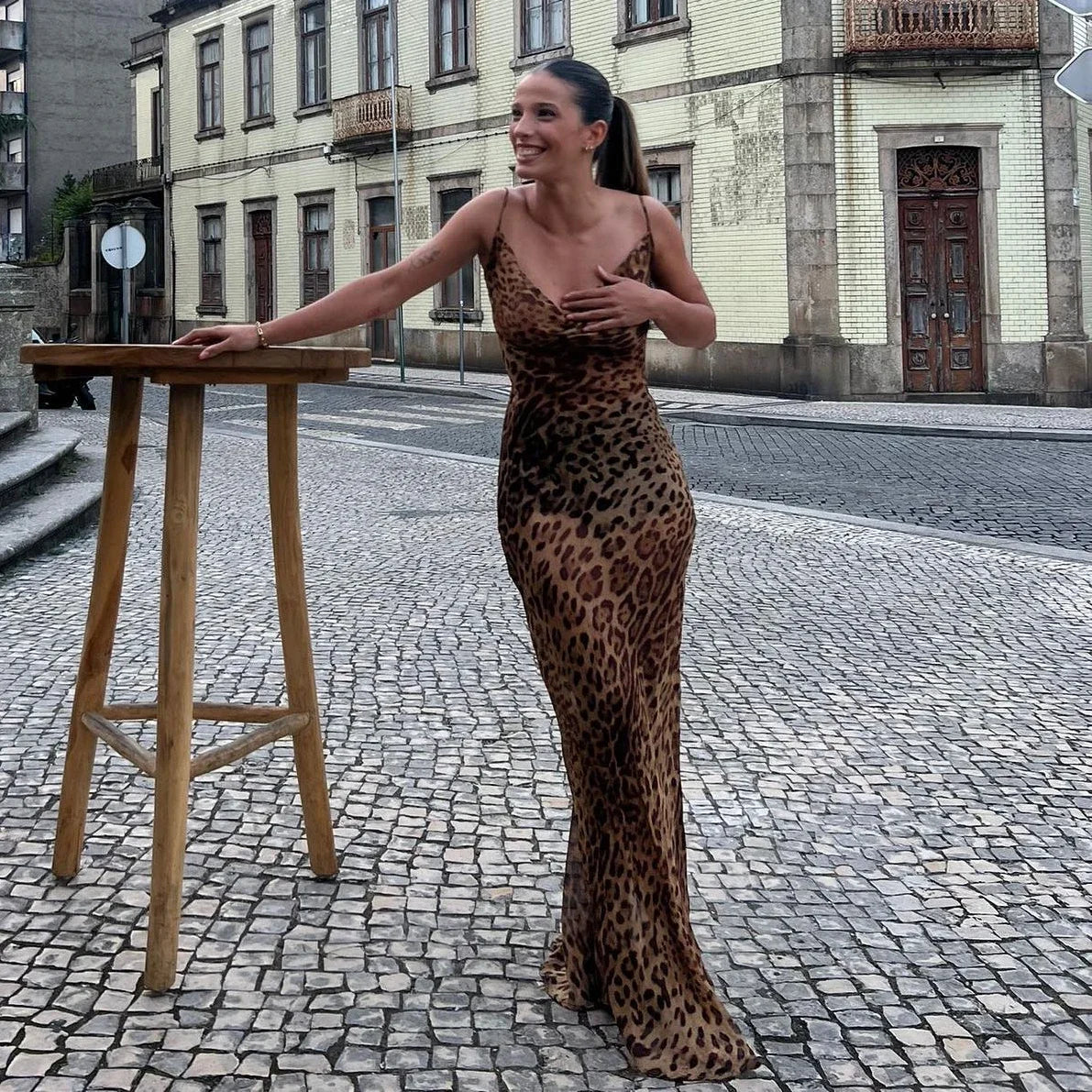 Suninheart Vestido de verano sexy transparente Maxi sin espalda con estampado de leopardo, vestido de playa transparente con cordones, elegante, hasta el suelo, para vacaciones