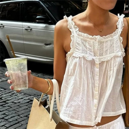Bonitos tops cortos para salir, chaleco bohemio para mujer, top sin mangas con ribete de encaje y volantes Y2k, camisola de cuello redondo transparente con botones delanteros estilo hada sexy.