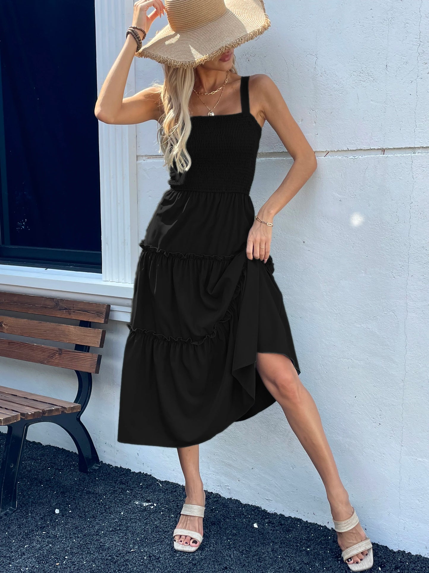 Ruched Bust Ruffle Hem Sleeveless Slip Dress