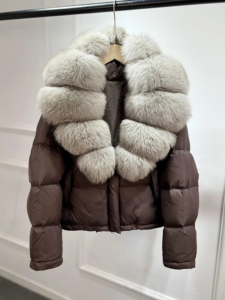 Lagabogy 2025 Abrigo casual cálido de mujer, parka de plumón, abrigo de lujo con cuello de piel de zorro natural, chaqueta de plumón de pato blanco para mujer