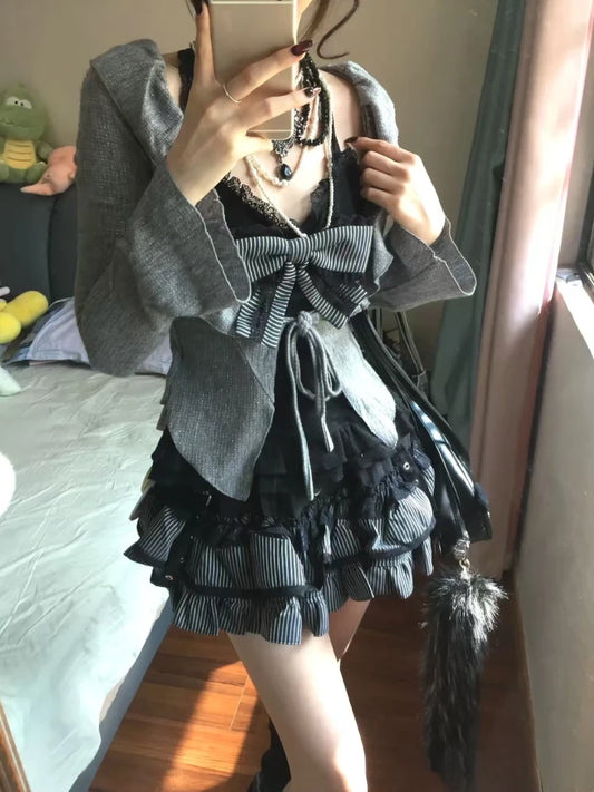 Conjunto de 3 Piezas de Cárdigan de Manga Larga con Lazo + Falda Corta con Volantes y Cintura Elástica