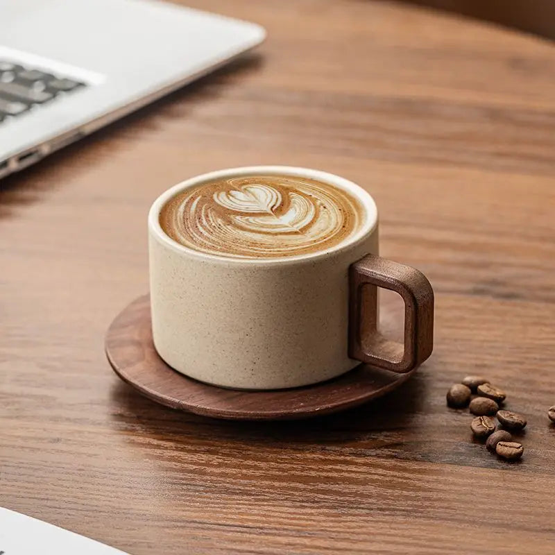 Vintage Wooden Handle Ceramic Coffee Cup with Saucer