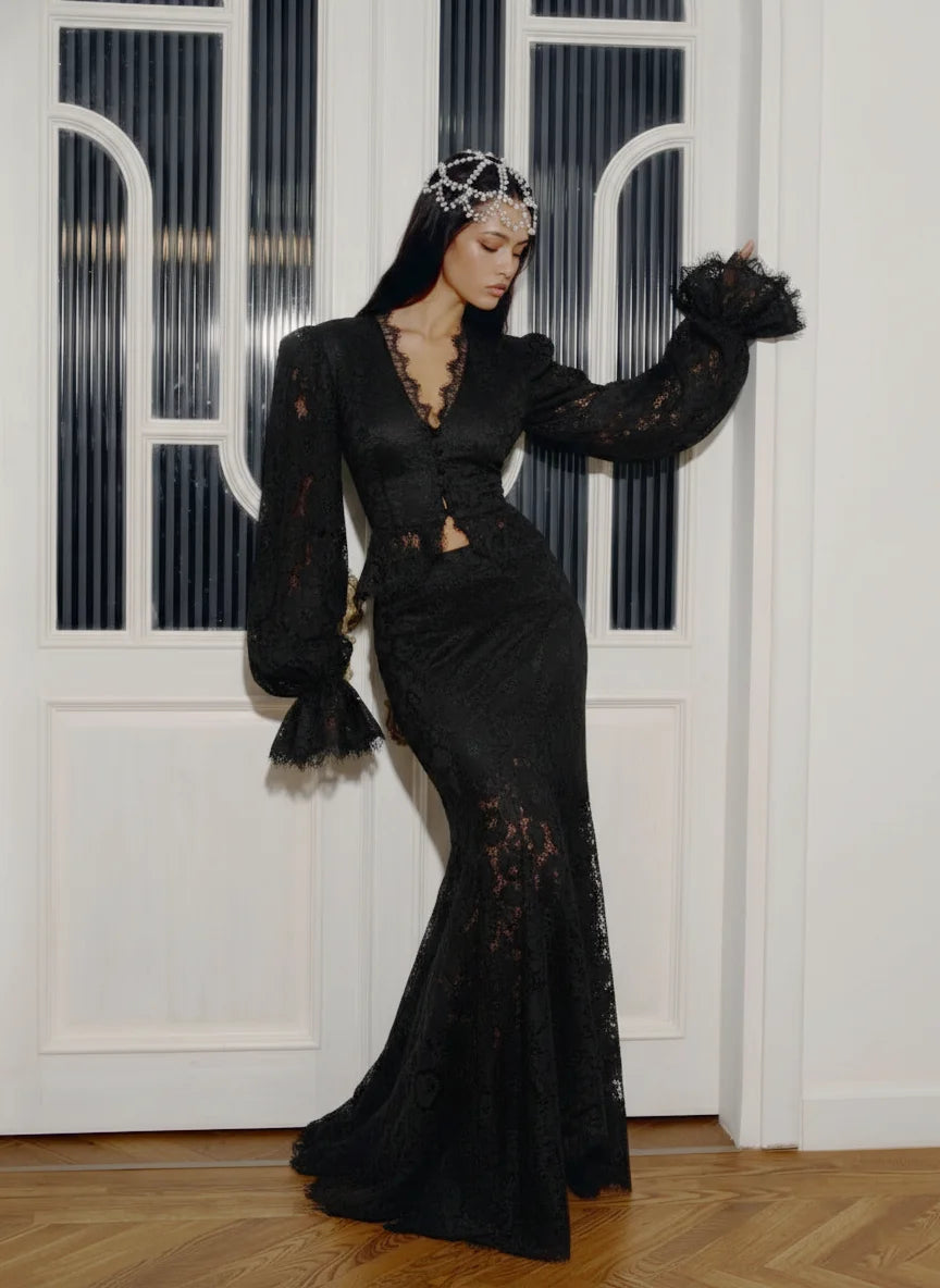 Lace Patchwork Long Skirt Set