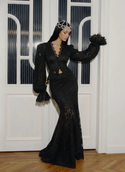 Lace Patchwork Long Skirt Set