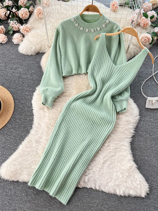 Jersey de Perlas de Manga Larga + Conjunto de Vestido Camisero de Punto