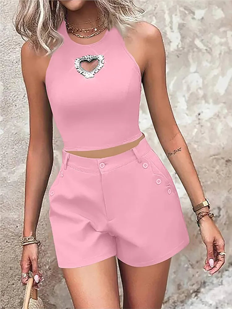 Conjunto de 2 piezas para mujer, verde, para vacaciones, ocio, deportes, con pantalón corto sencillo con bolsillos, top camiseta con diseño de diamante de planchado en caliente, a la moda, para verano
