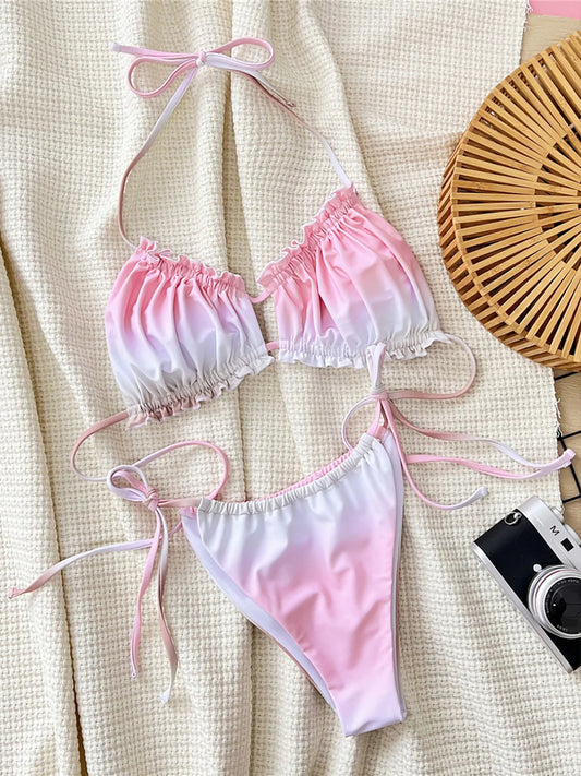 Ruffled Frilled Gradient Halter Bikini