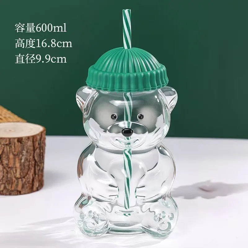 Bear Shape Glass Cup With Straw