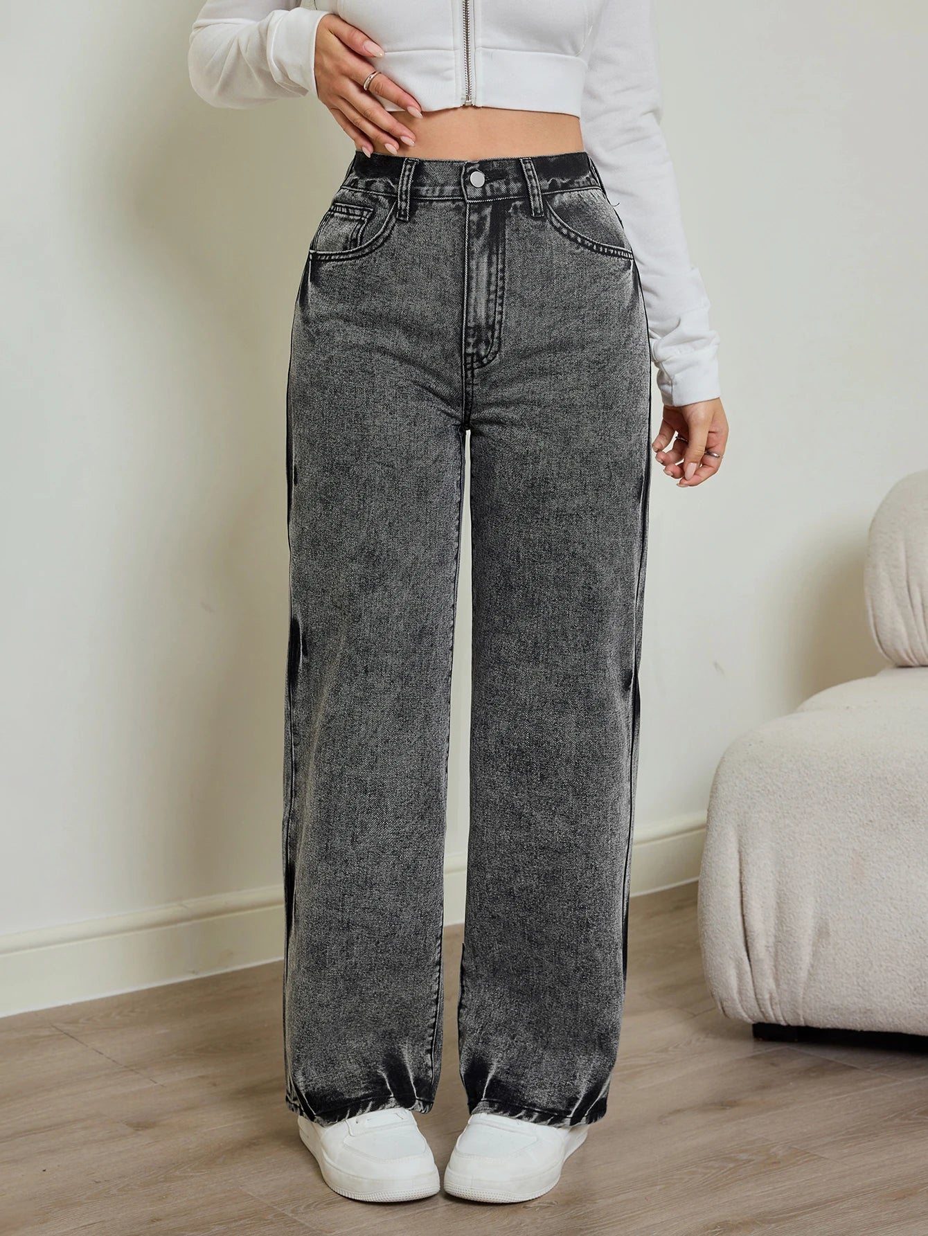 Contrast High Waist Straight Jeans