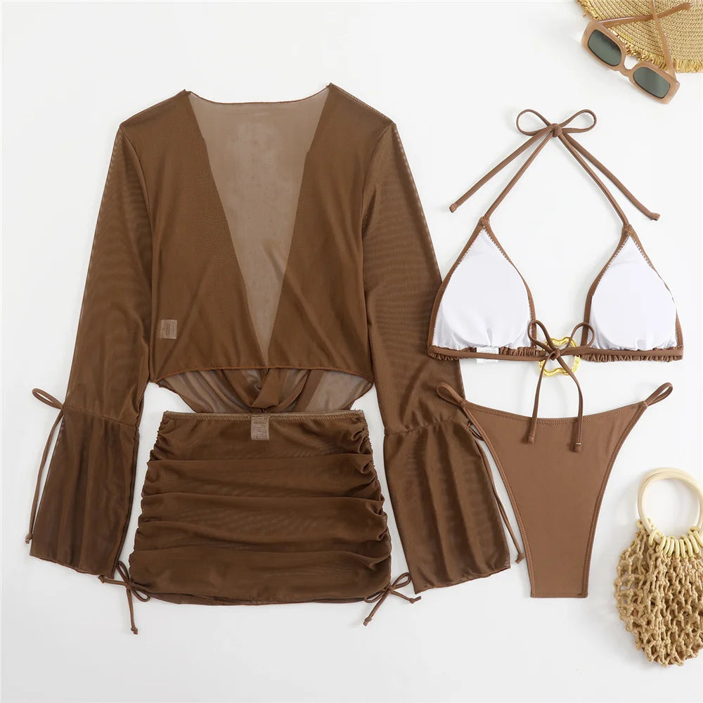 Brown Halter String Triangle Bikinis Sets 4 Piece Mesh Smock Cover Up