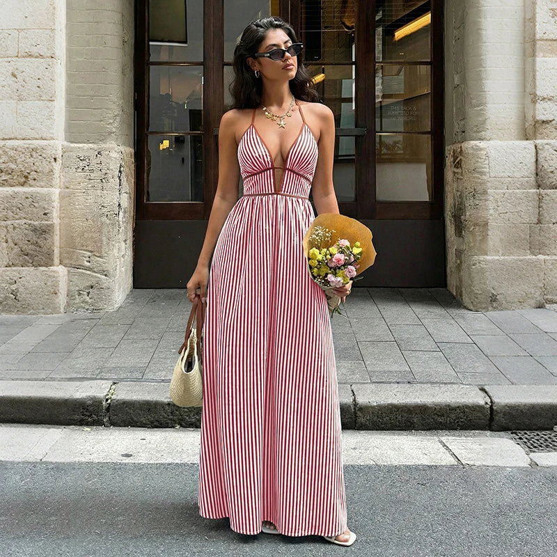 Deep V-neck Striped Beach Dress