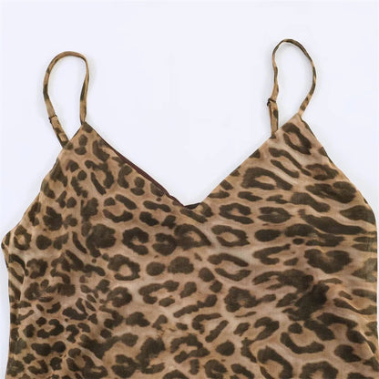 Leopard Print Spaghetti Strap A-Line Midi Dress