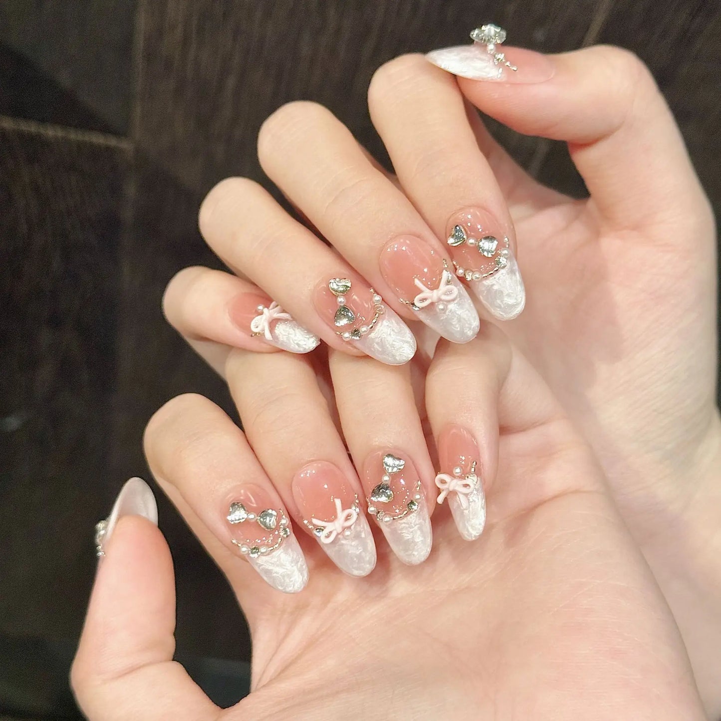 10 uñas postizas hechas a mano con ojo de gato francés, lazo rosa