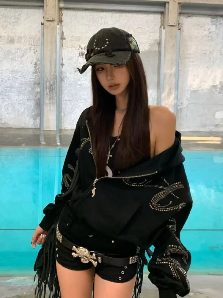Chaqueta con capucha vintage de streetwear americano para mujer, manga larga, informal, con estampado de letras, estilo Y2k, abrigo retro con cremallera, novedad de otoño de 2025