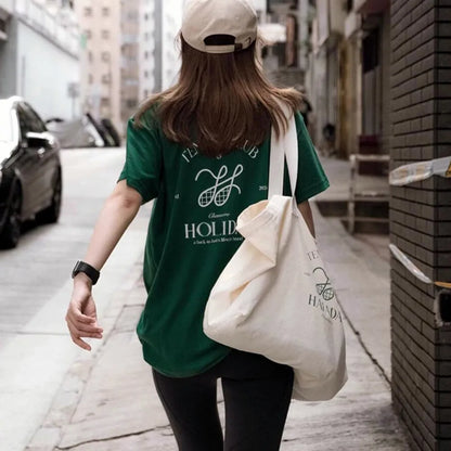 Camisetas de mujer American Vintage Tennis Club con estampado, color verde oscuro, holgadas, de algodón, camisetas de moda Ins de verano de manga corta