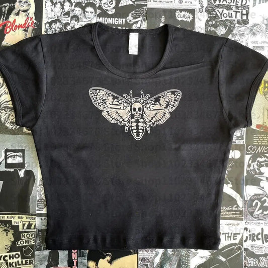 Ropa vintage de los 2000 con estampado de calavera punk, top corto corsé estilo Y2K, camisetas cibernéticas para bebé, estética gótica, grunge, hada, ropa de calle, E-girl