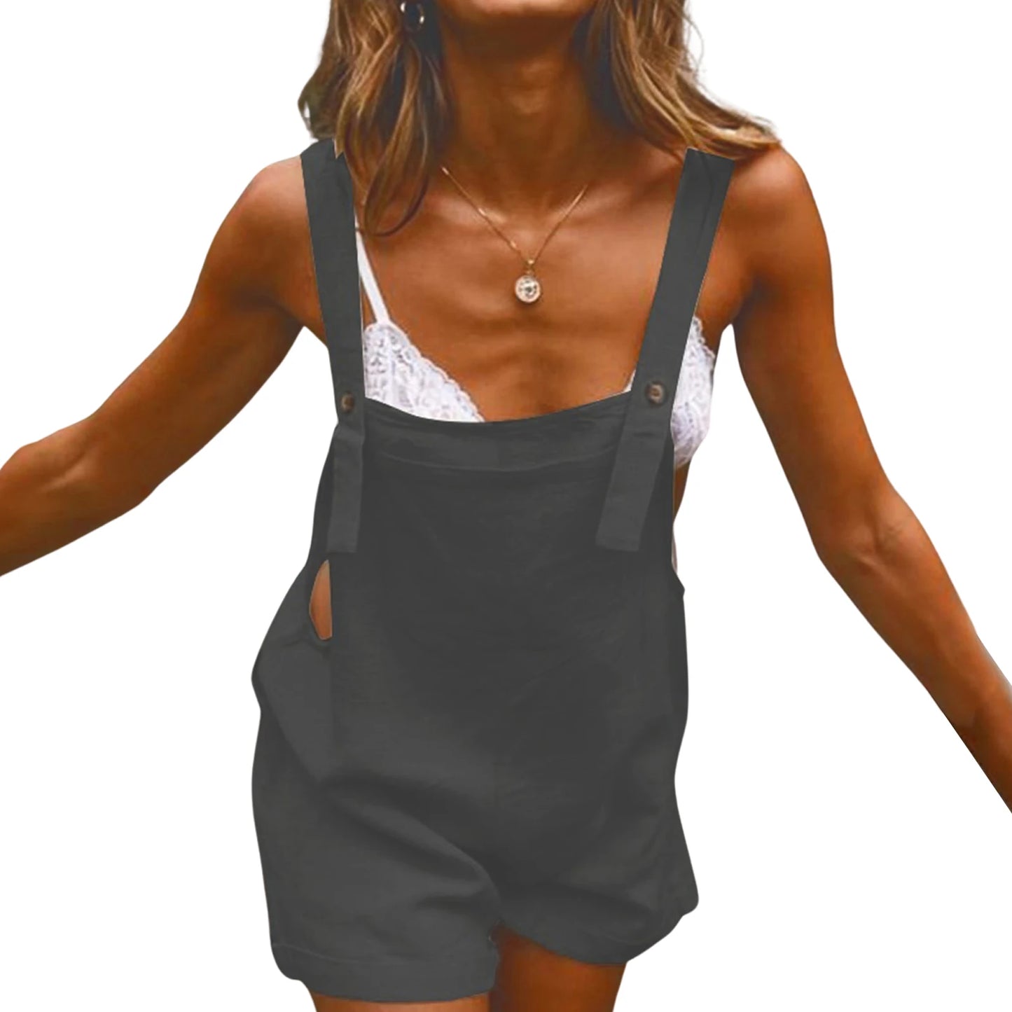 Sleeveless Square Collar Button Suspender Shorts