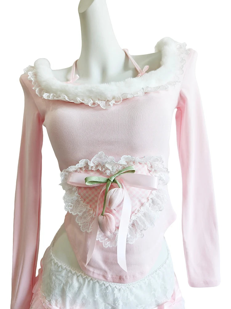 Halter Neck Long Sleeve Top with Lace Heart Patch & Bows