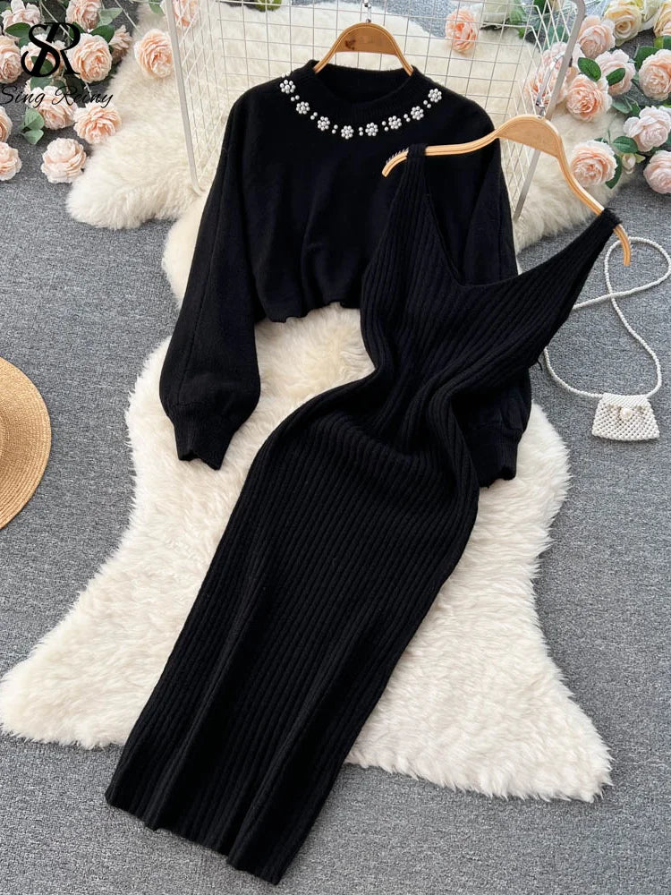 Jersey de Perlas de Manga Larga + Conjunto de Vestido Camisero de Punto
