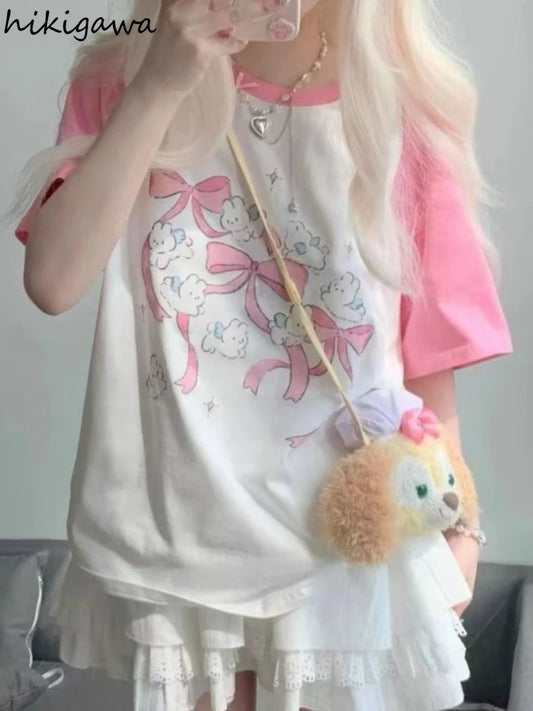 Camisetas Kawaii Rosadas para Mujer Estilo Japonés Y2k Dulces Camisetas de Dibujos Animados para Chicas Lindas de Lazo Estampado de Manga Corta Top de Verano Camiseta Oversize
