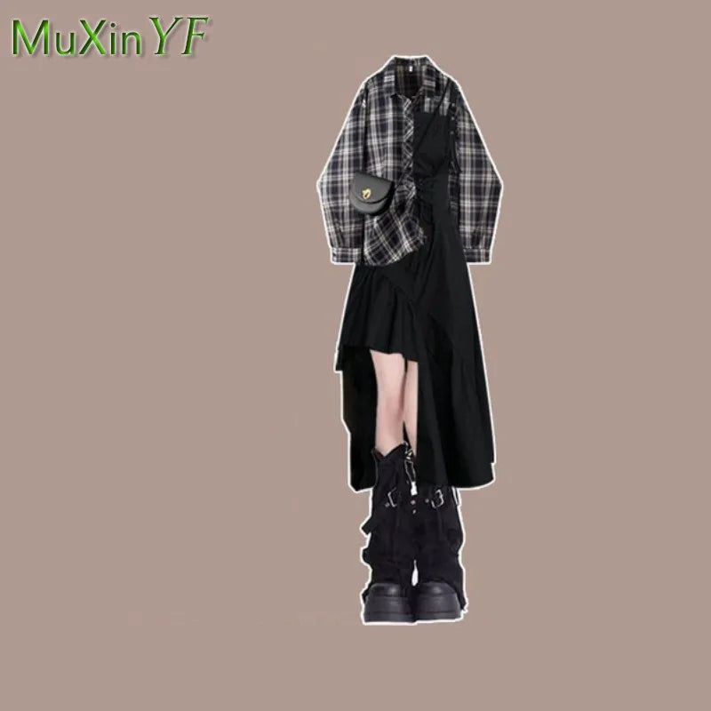 Plaid Shirt + Irregular Dress Set