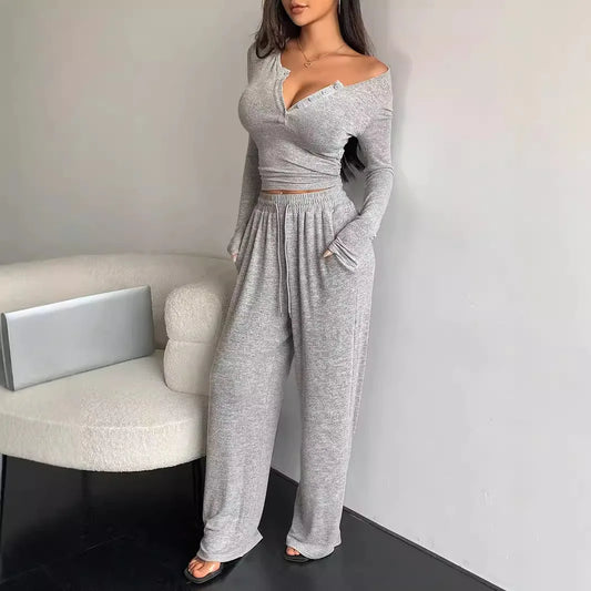 Two-piece Button Solid Color Long-sleeved Top Drawstring Pocket Wide-leg Pants Set