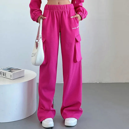 Short Zipper Sweatshirt Large Pocket Wide Leg Pants Set