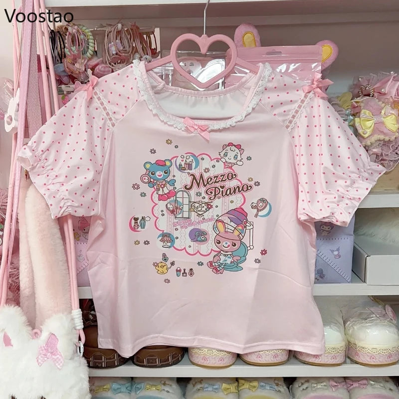 Cartoon Bunny Print Wave Point Short Sleeve Crop Top