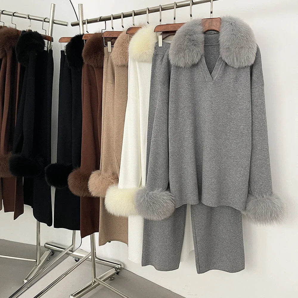 Chaqueta de piel Reality Jersey, cuello de piel de zorro real, otoño invierno, traje de jersey para mujer, jerséis de piel de mapache, conjunto de pantalones para mujer