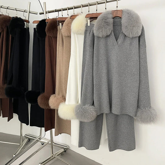 Real Fox Fur Sweater + Trousers Set