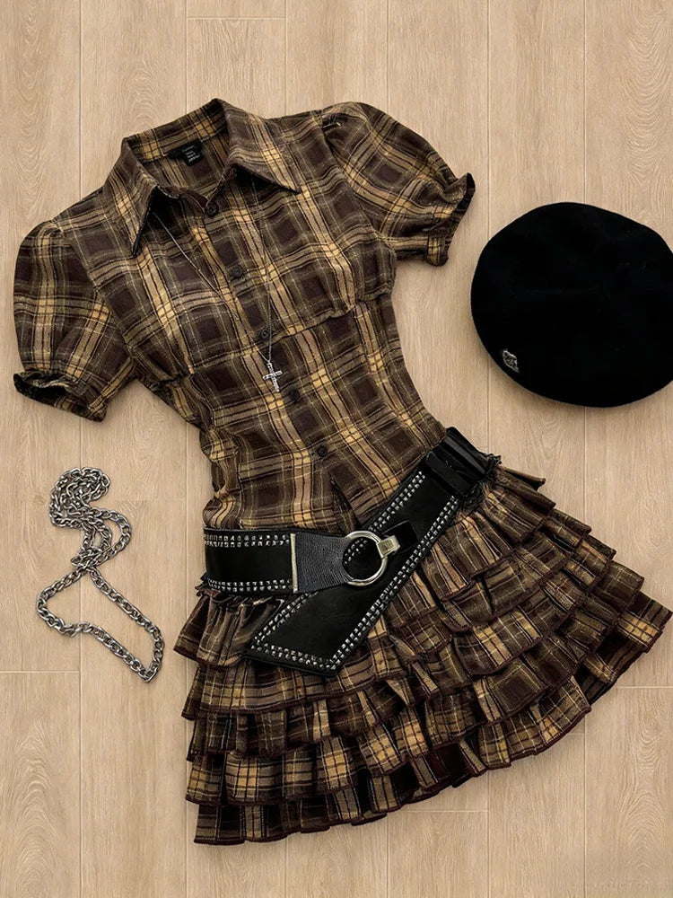 Vestido Harajuku Conjunto de 2 piezas Sexy Y2k Mini Falda Vintage Slim Elegante Vestido de Fiesta Gótico Punk Estética Básica Verano Hot Girl 90s