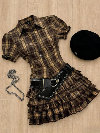 Vestido Harajuku Conjunto de 2 piezas Sexy Y2k Mini Falda Vintage Slim Elegante Vestido de Fiesta Gótico Punk Estética Básica Verano Hot Girl 90s