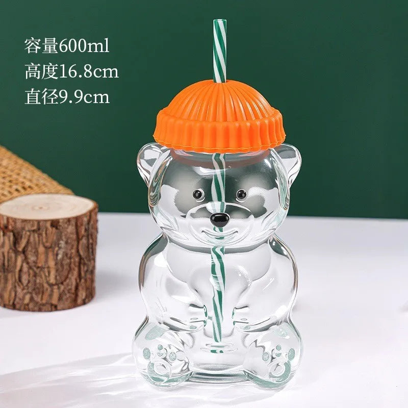 Bear Shape Glass Cup With Straw