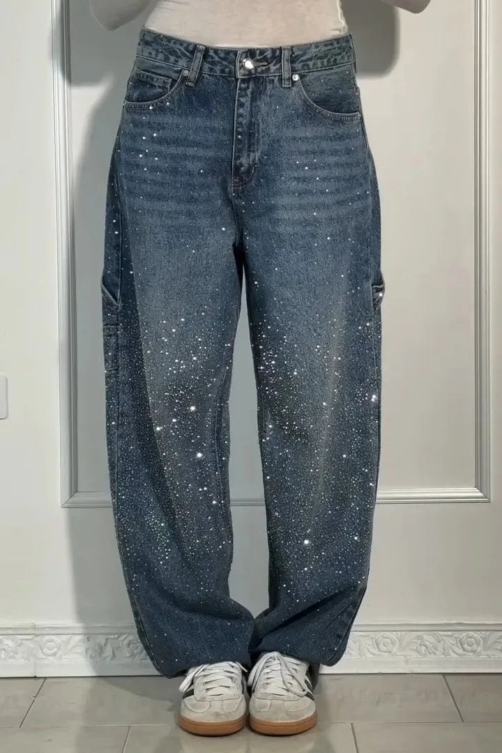 Star Embroidered Rhinestone Jeans