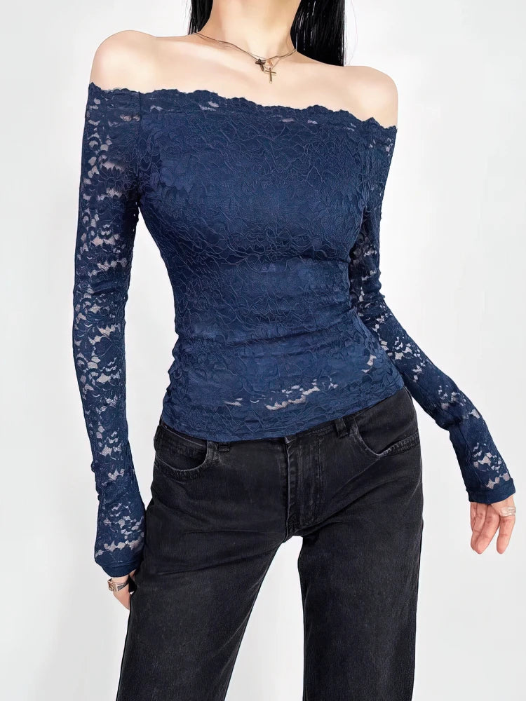 Top de encaje sexy con hombros descubiertos para mujer, elástico, encaje completo, ahuecado, camiseta básica de manga larga, blusa de malla ajustada para mujer, camiseta femenina