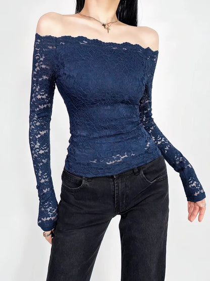 Top de encaje sexy con hombros descubiertos para mujer, elástico, encaje completo, ahuecado, camiseta básica de manga larga, blusa de malla ajustada para mujer, camiseta femenina