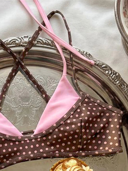 Polka Dot Splicing Halter Bikini