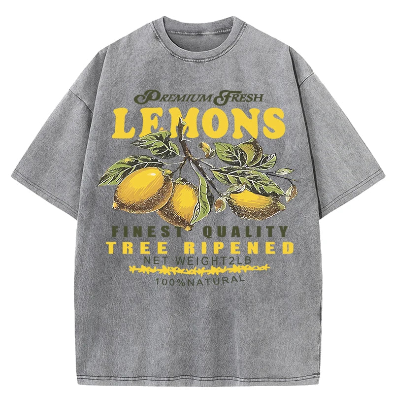 Camisetas lavadas de talla grande con estampado de limones frescos de primera calidad para mujer, camiseta holgada de manga corta cómoda Y2K de algodón que combina con todo