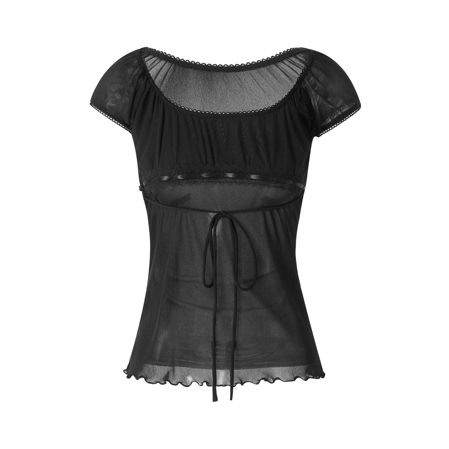Lace Trim Cap Sleeve Low Cut Shirt