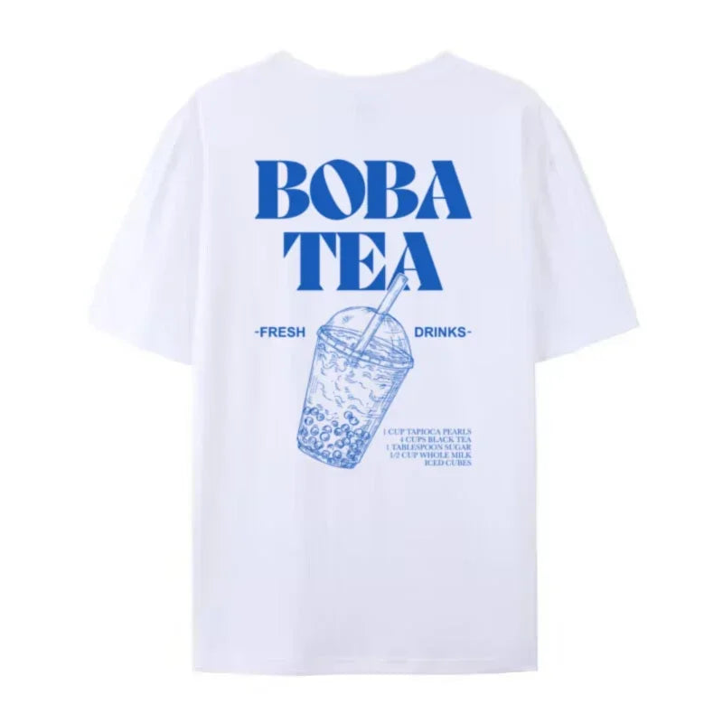 Camiseta con estampado trasero de Boba Tea, camisetas gráficas bonitas de té de burbujas para mujer, camisetas retro estéticas de comida, camisetas unisex sueltas de moda vintage