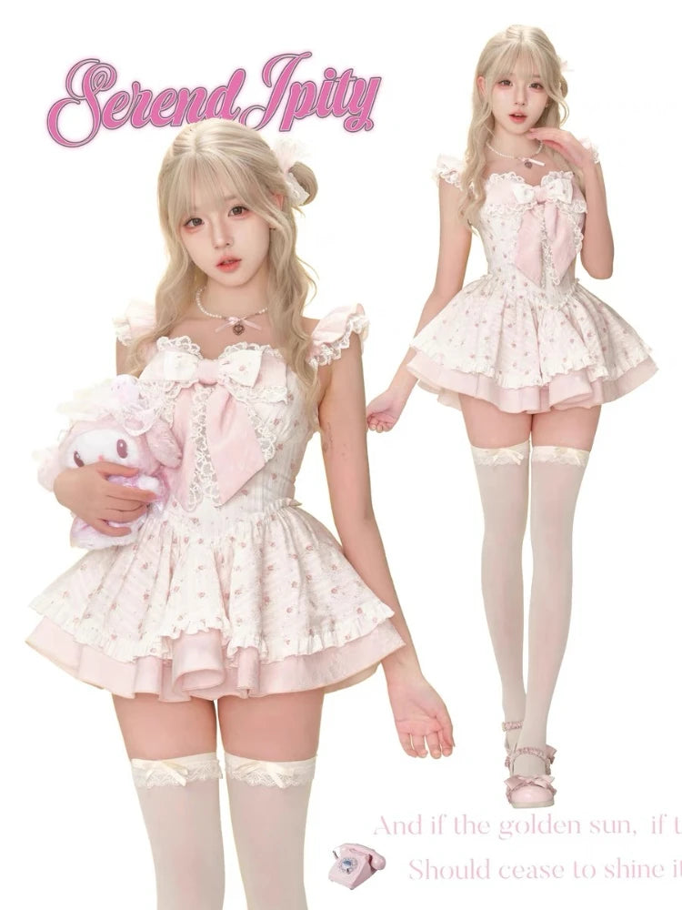 Floral Design Bow Patchwork Short Dress