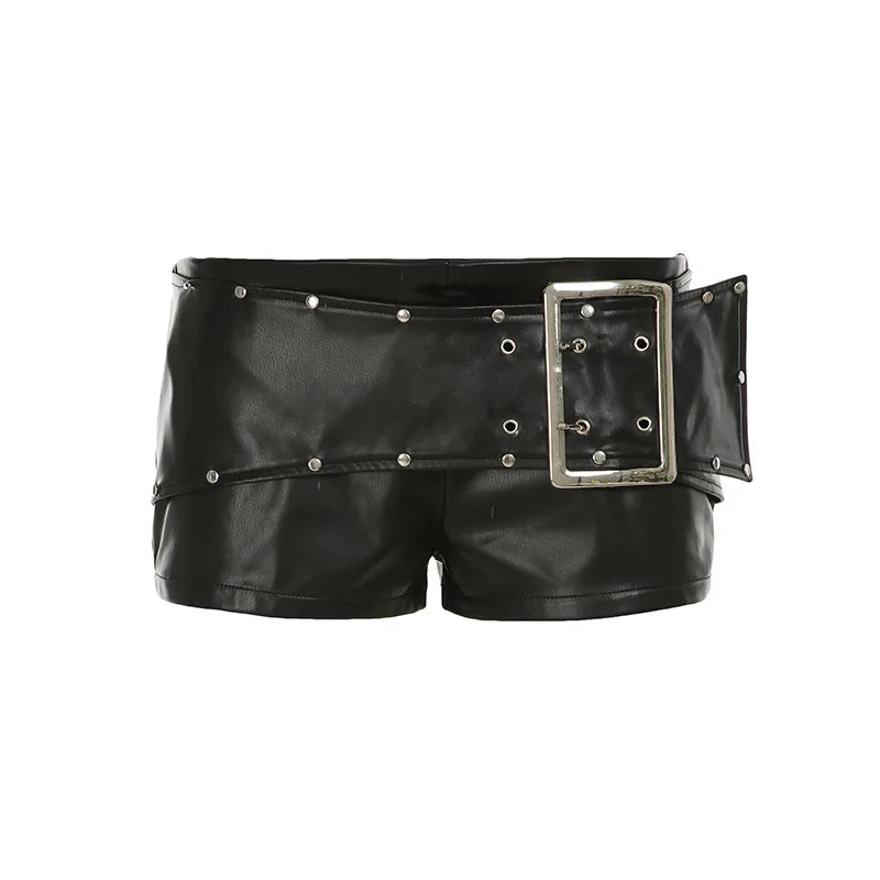 Rivet Buckle Belt Low Waist Leather Shorts